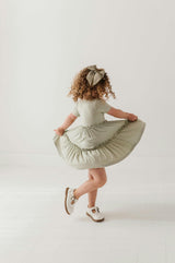 Girls Short Sleeve Double Tiered Dress in Sage