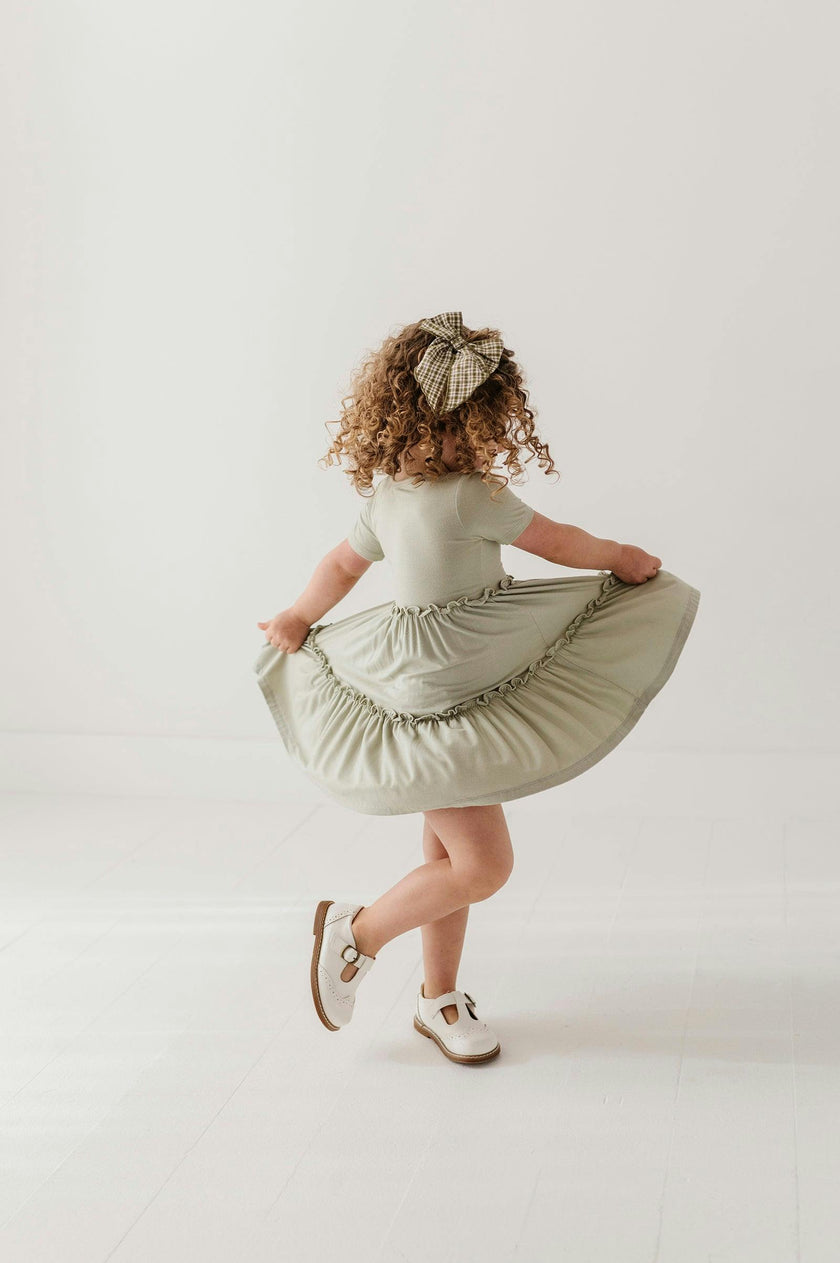 Girls Short Sleeve Double Tiered Dress in Sage