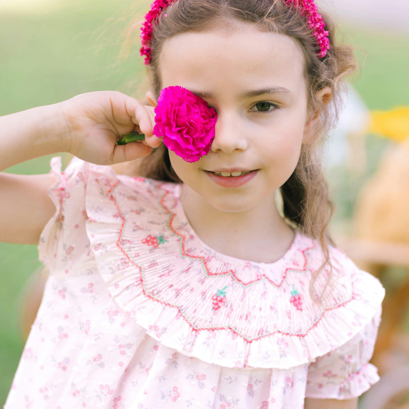 Myrtille Pink Floral Short Sleeve Bishop Dress