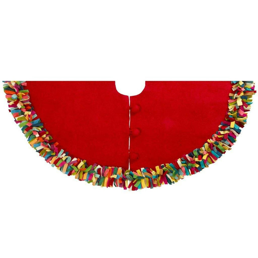 Handmade Felt Multicolor Fringe Border Red Wool Christmas Tree Skirt