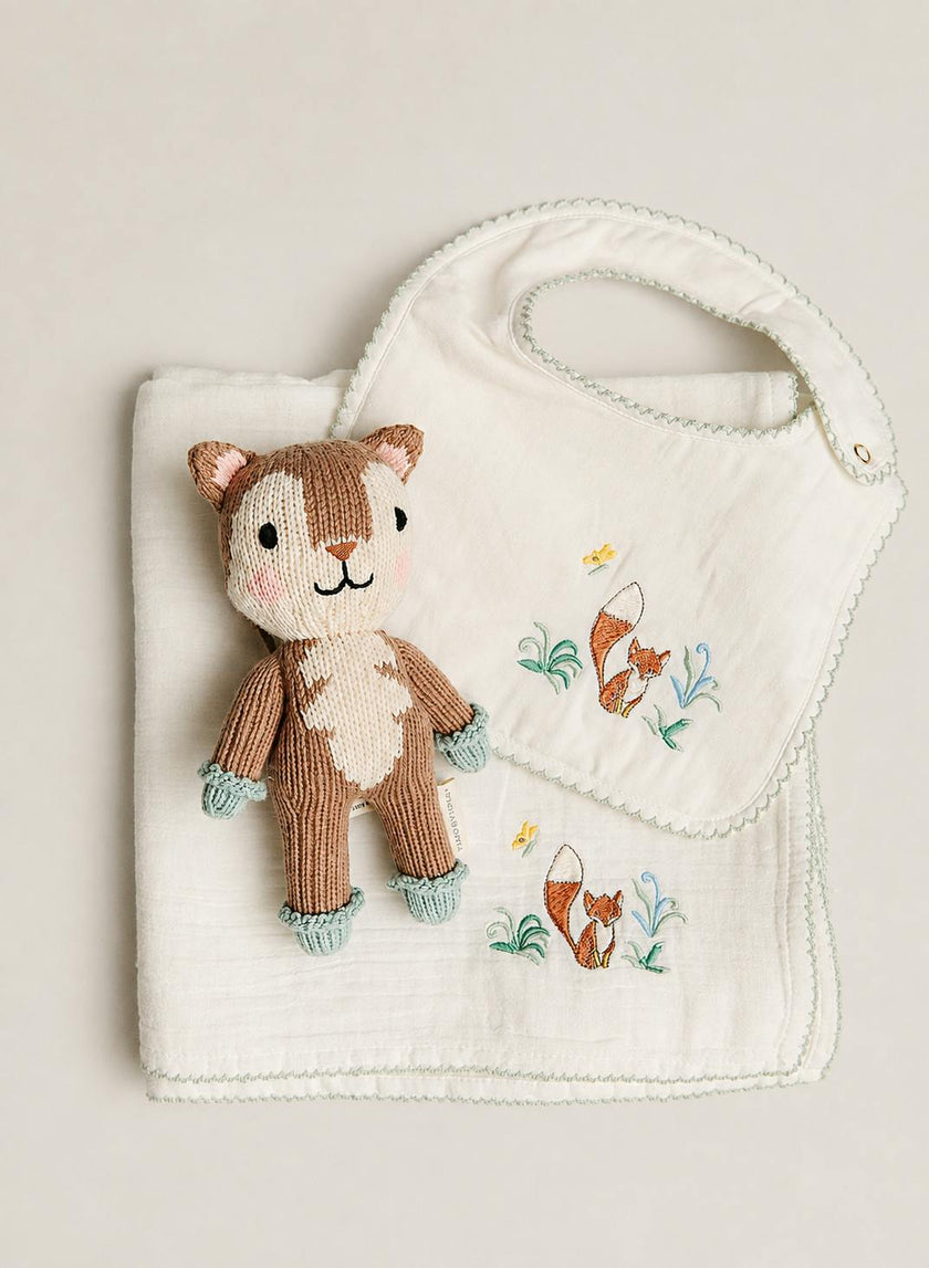 Embroidered Fox Shawl Blanket, Classic Bib and Finley the Fox - Knit Doll