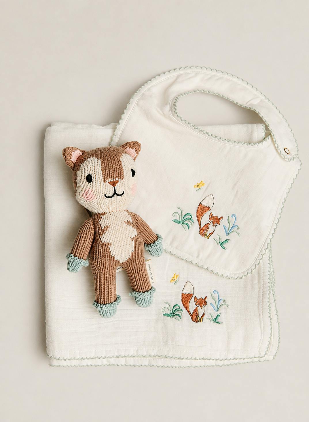 Embroidered Fox Shawl Blanket, Classic Bib and Finley the Fox - Knit Doll