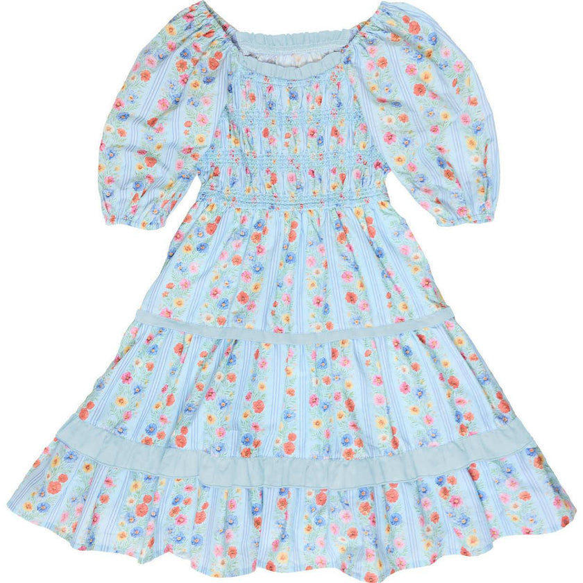 Mini Roselyn Dress in Blue Linear Floral Print