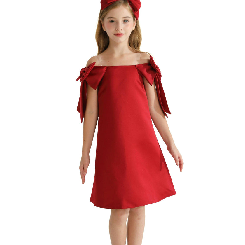 Red Luneta Off Shoulder Bow Dress