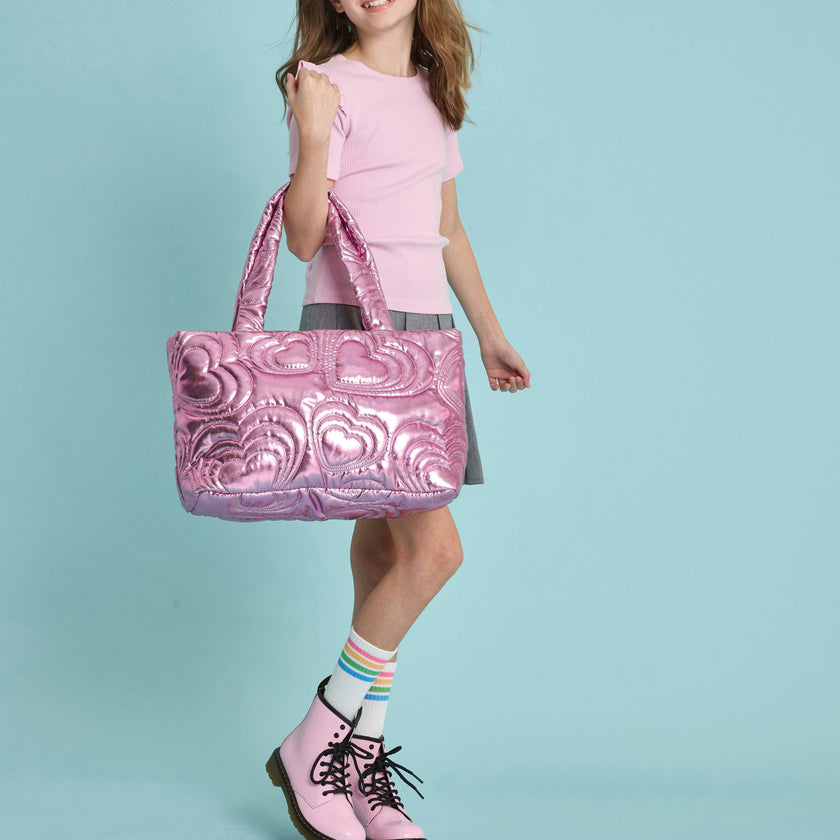 PINK SHINING HEART PUFFY OVERNIGHT BAG