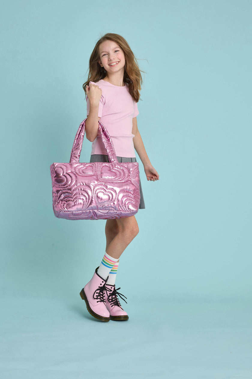 Pink Shinning Heart Puffy Overnight Bag