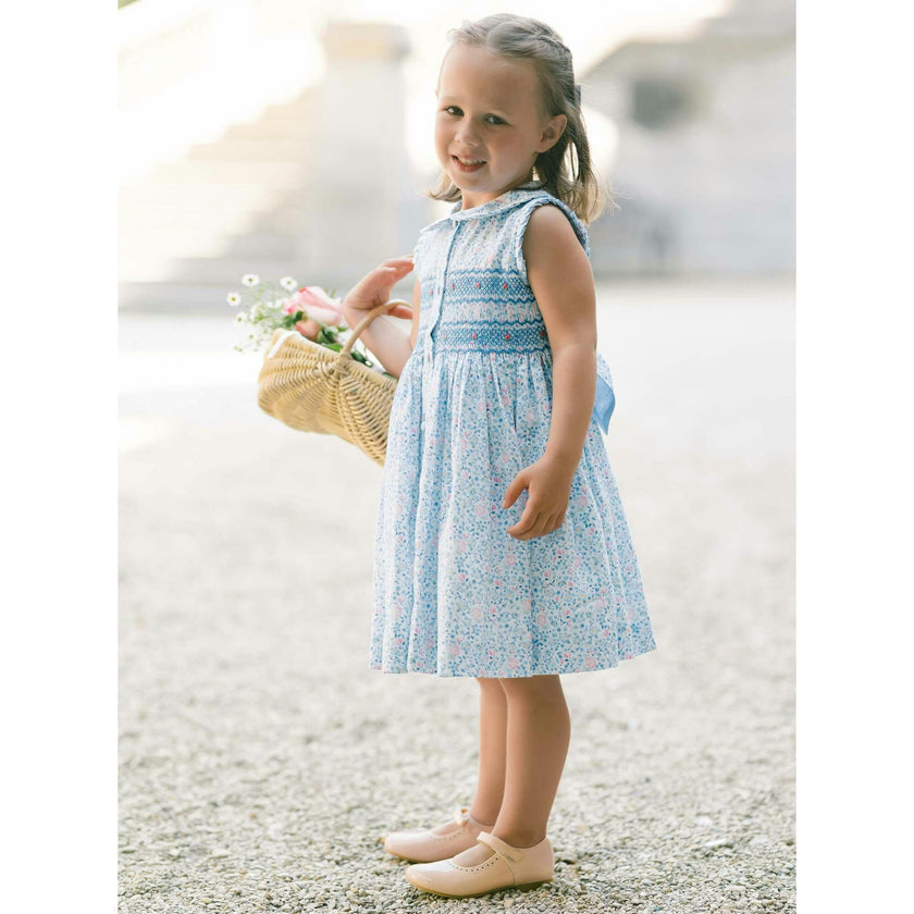 Olympe Blue Floral Sleeveless Smocked Dress