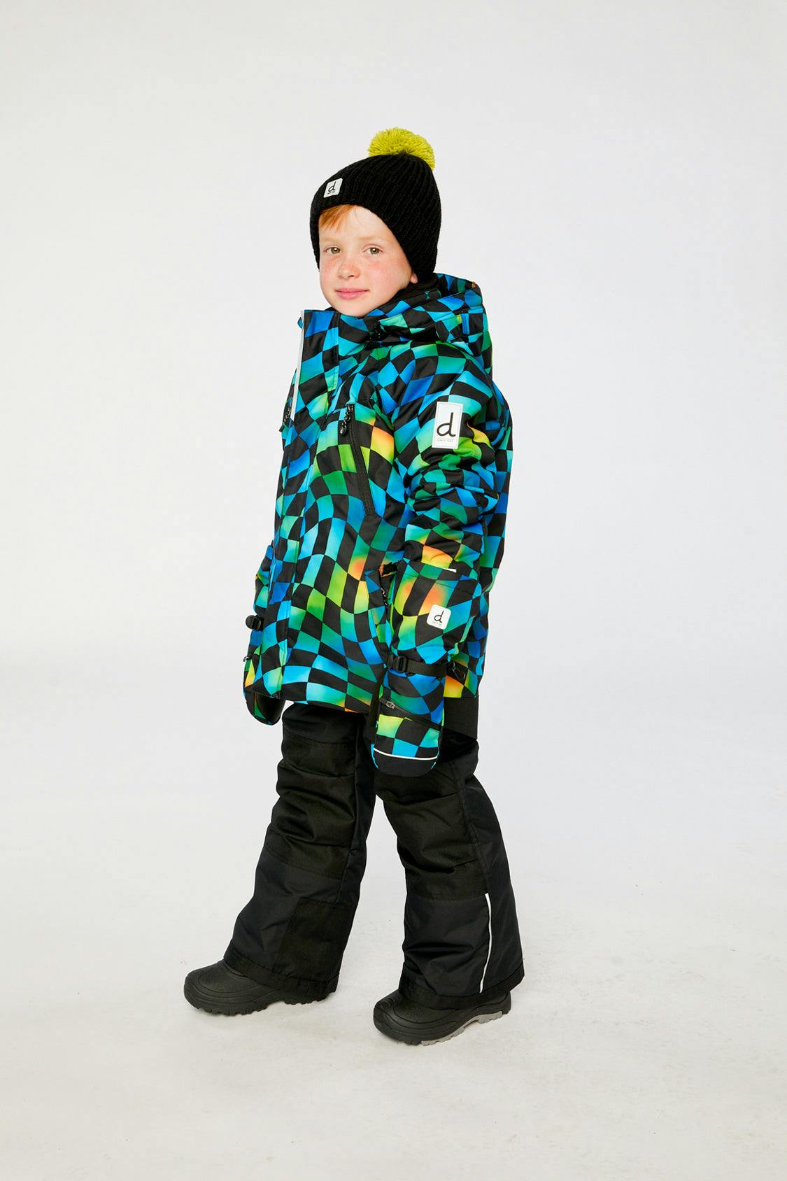 Two Piece Play Snowsuit Green Yellow And Blue Checkerboard With Black Pants