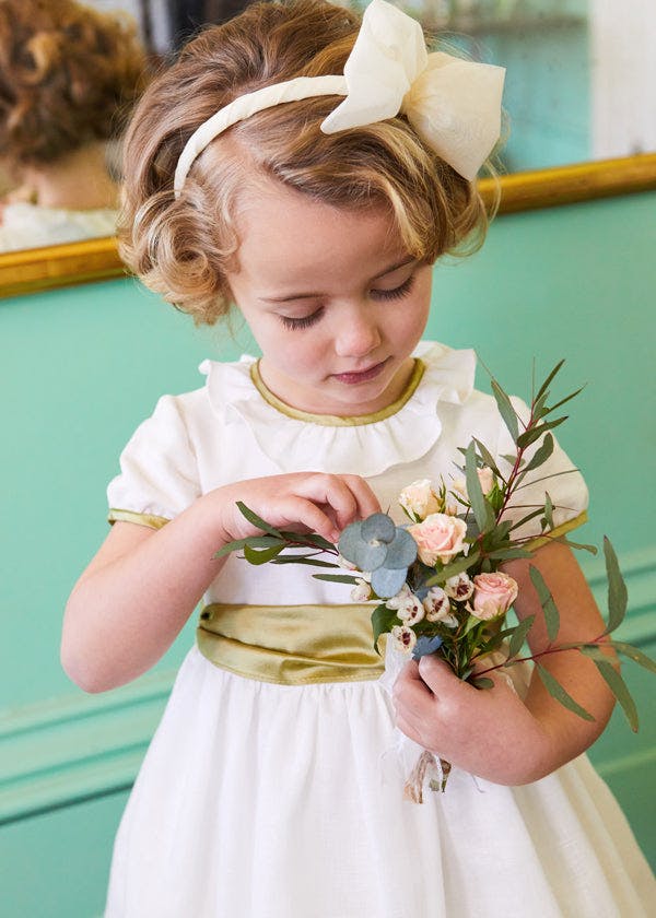 Flower Girl Ivory Dress with Green Silk Sash (6mths-10yrs)