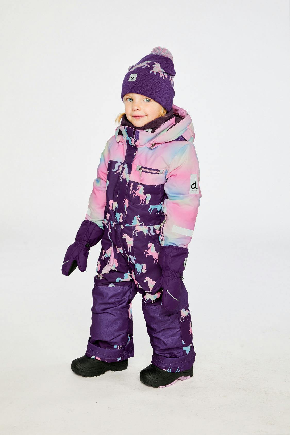 Kids One Piece Play Snowsuit Purple Unicorn Print
