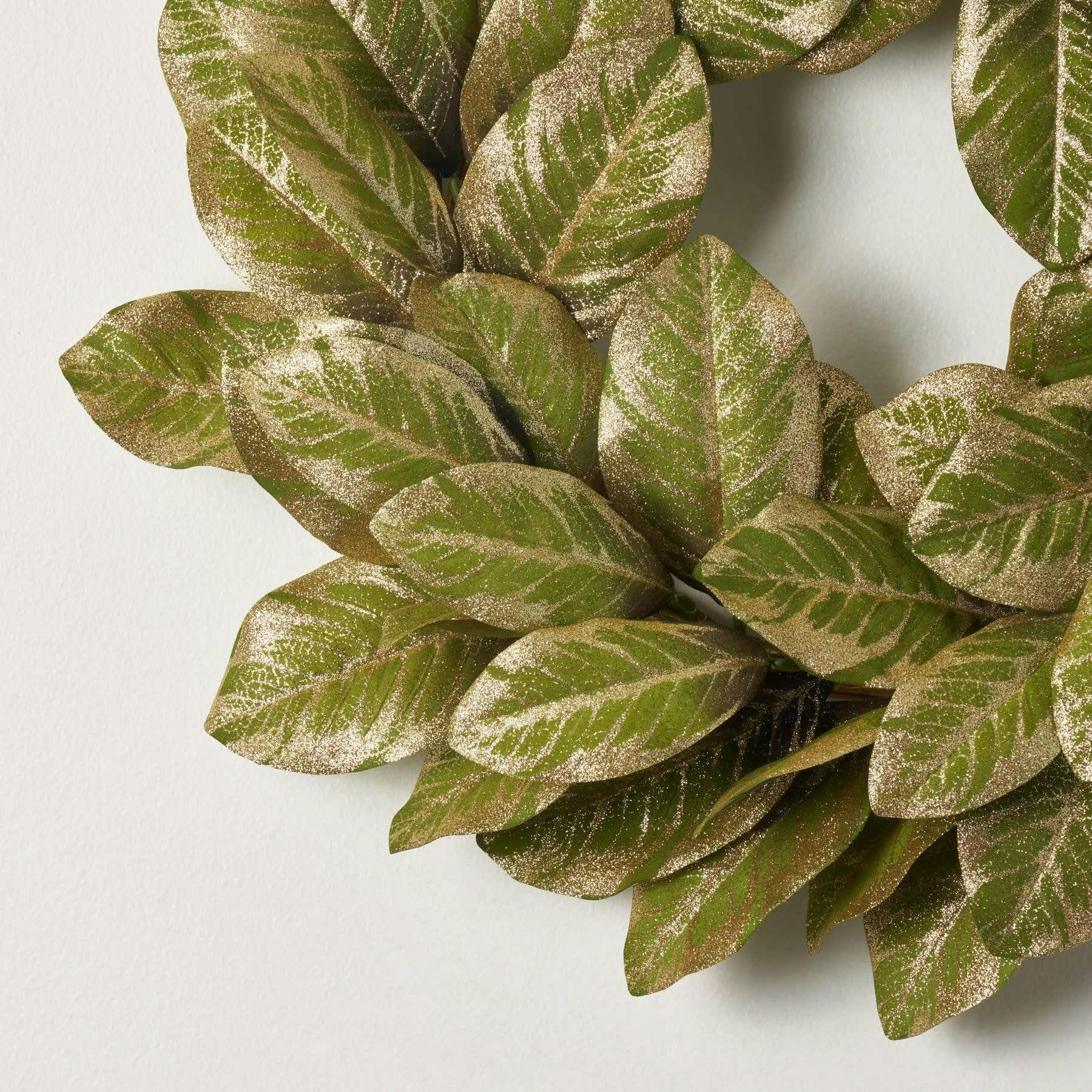 Green & Gold Metallic Magnolia Leaf Front Door Holiday Wreath Shimmering Christmas Mantel Decor