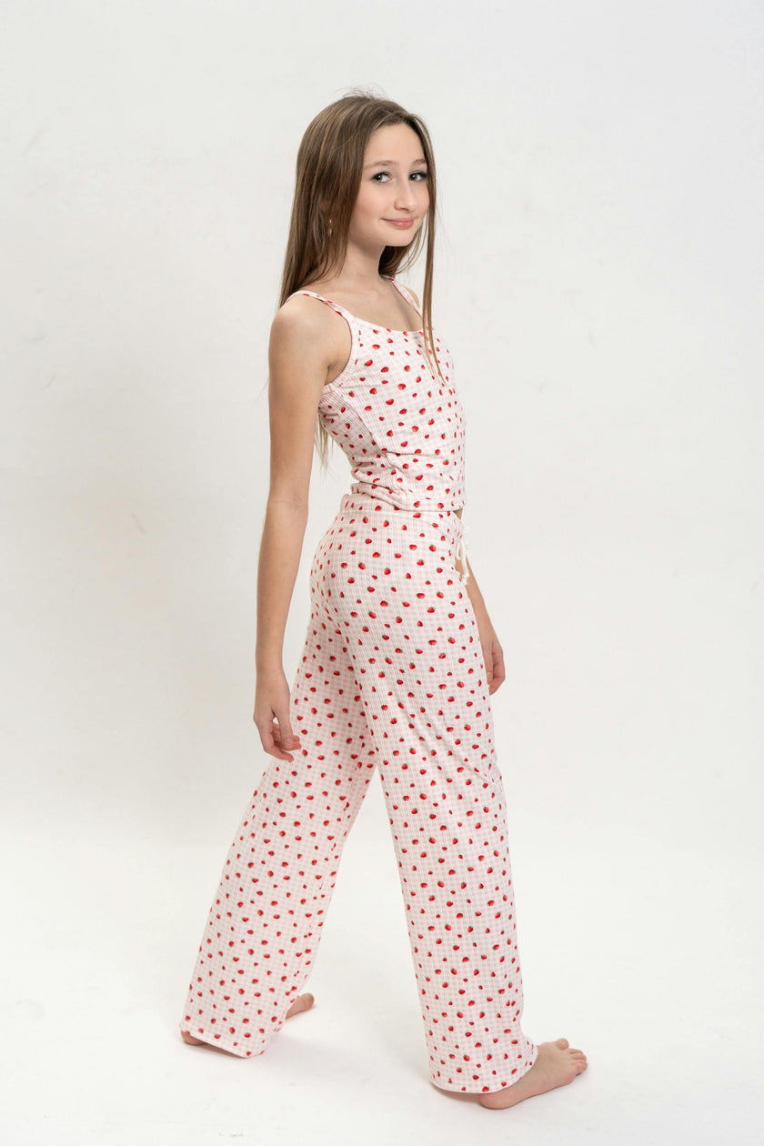 Girls Strawberry Print Short Sleeve Top and Pants Set