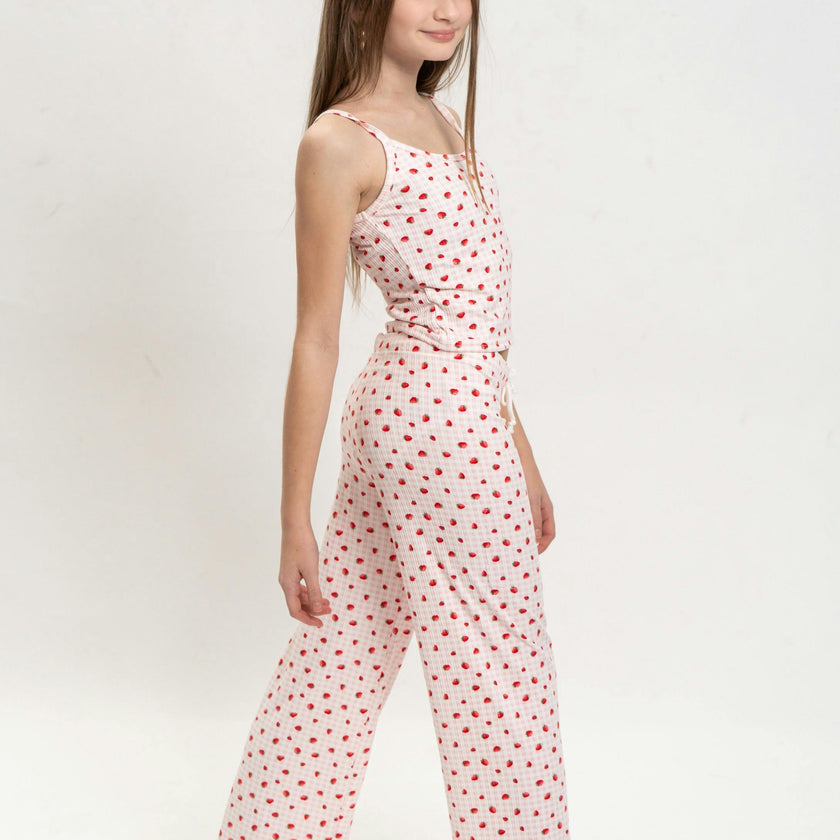 Girls Strawberry Print Short Sleeve Top and Pants Set
