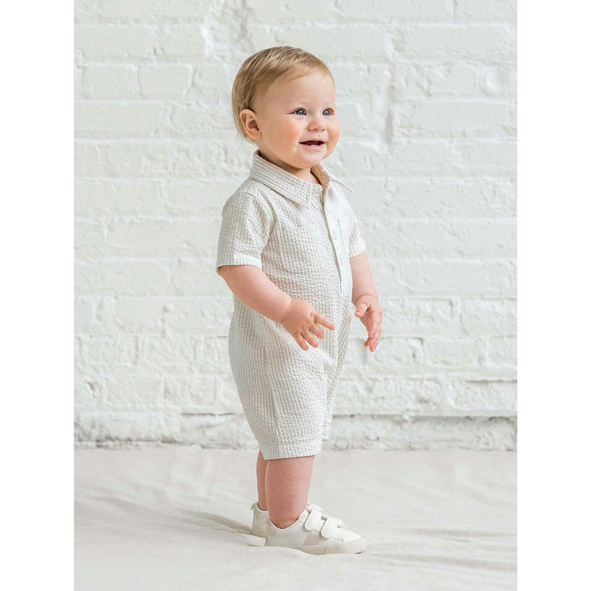 Mato Seersucker Collared Romper - Dune Stripe