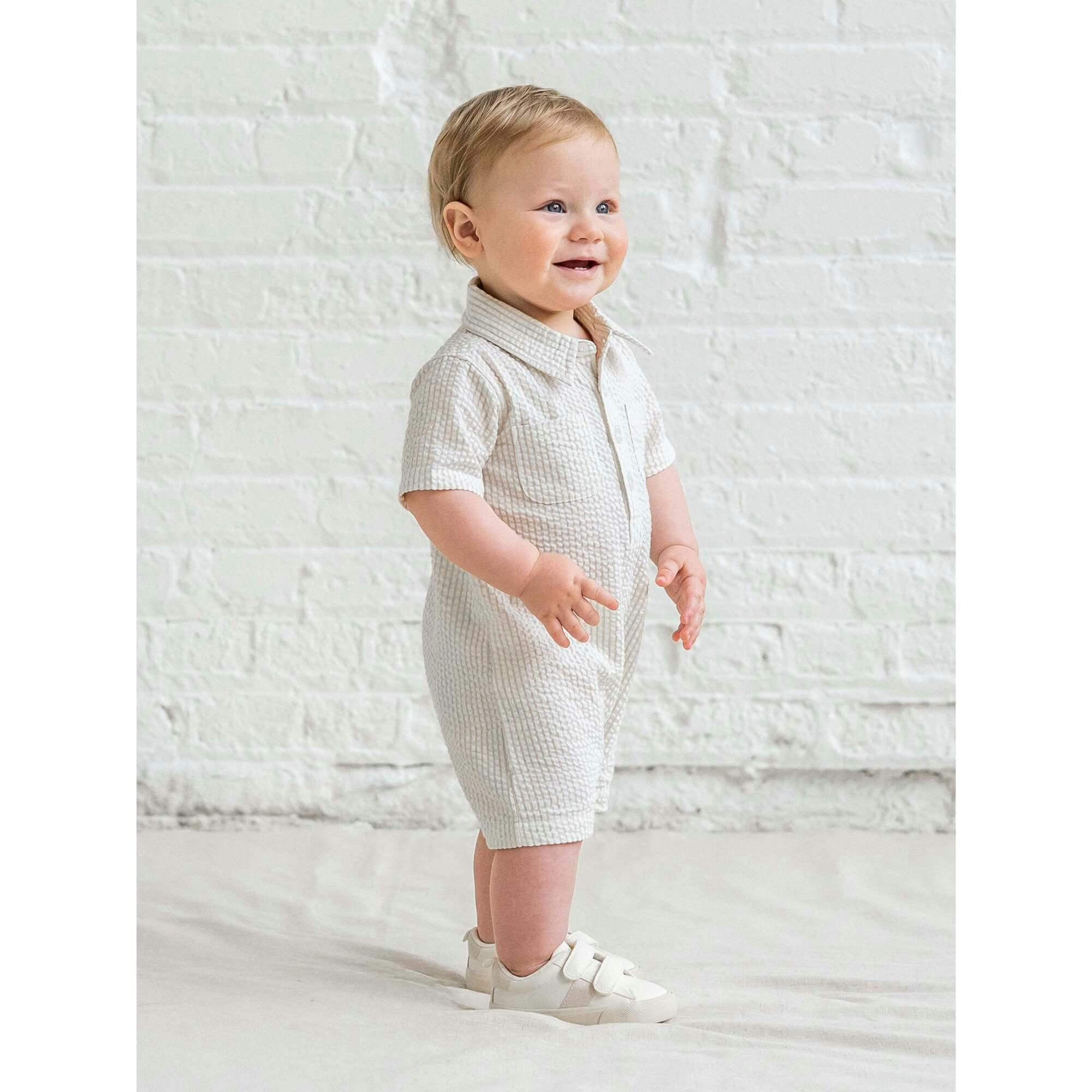 Mato Seersucker Collared Romper - Dune Stripe