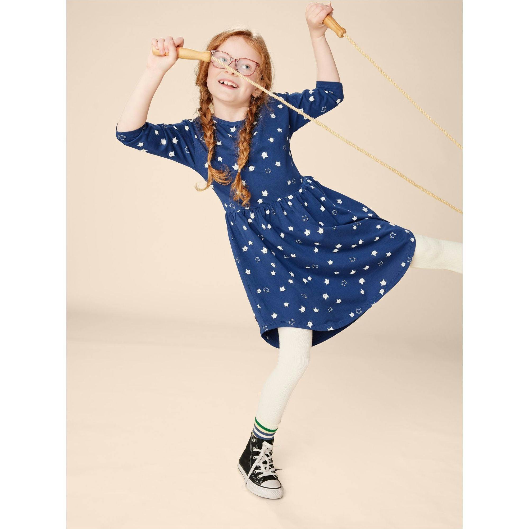 Graphic Print Crew Neck Long Sleeve Elastic Waist Midi Dress, Blue