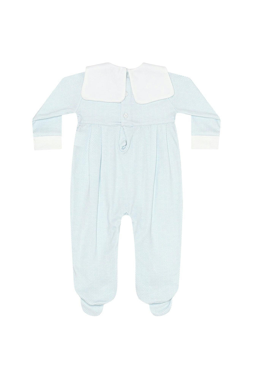 Blue Herringbone Embroidered Collared Footie