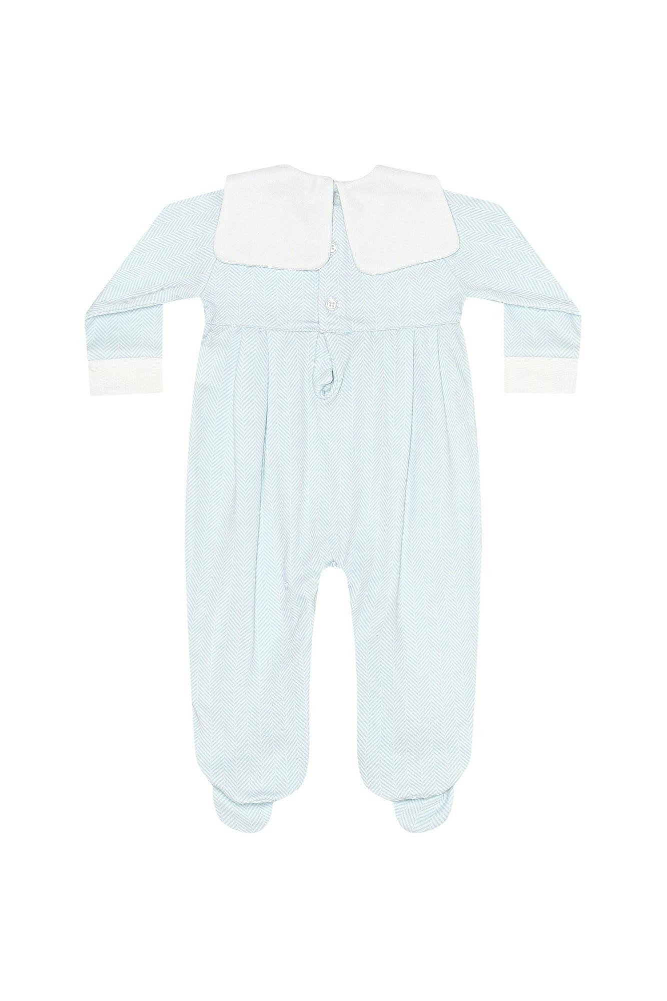 Blue Herringbone Embroidered Collared Footie