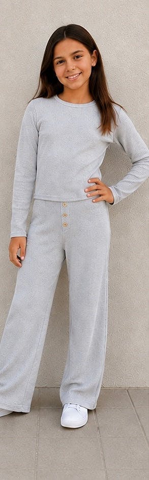 Girls Waffle Long Sleeve Top And Flare Pants Set