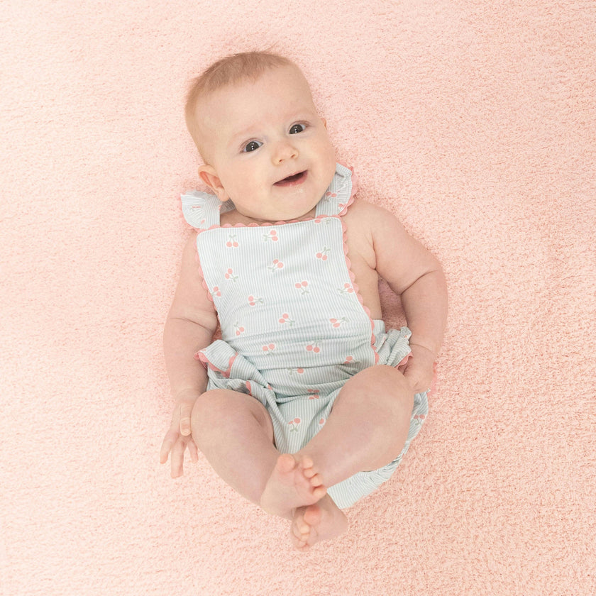 Tiny Cherry Stripe - Ric Rac Ruffle Sunsuit