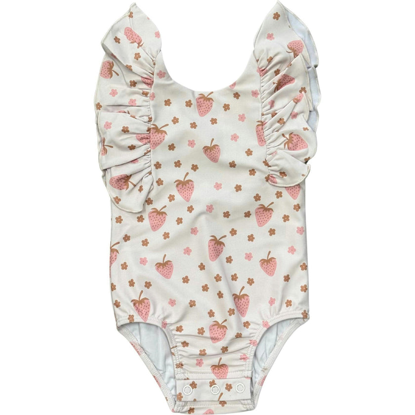 Girl's Ruffle Sleeve Cross Back Swimsuit