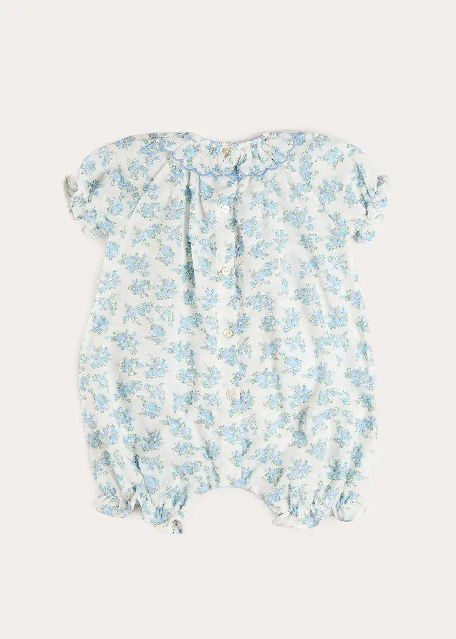Esme Floral Swiss Voile Scallop Detail All-In-One Pyjamas in Blue (9mths-2yrs)