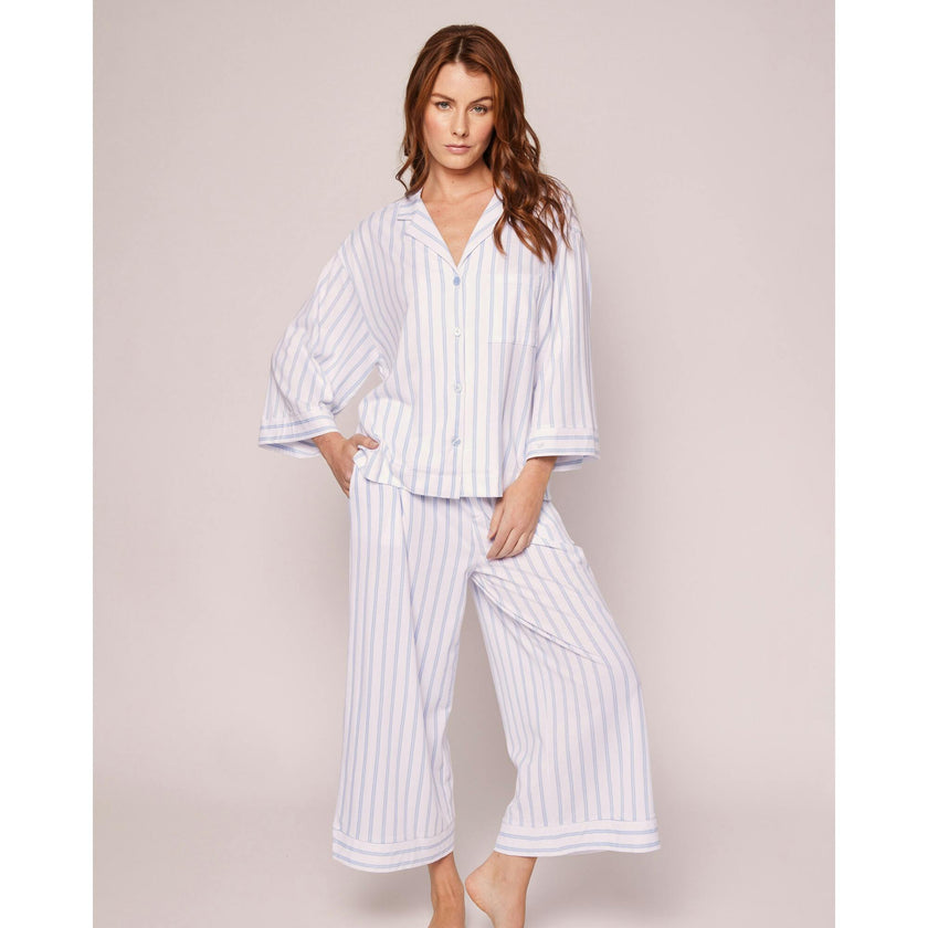 The Olivia Wide Leg Pima Pajama Set in Periwinkle Stripe