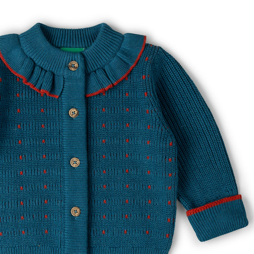 Midnight Frill Snuggly Knitted Cardigan, Blue