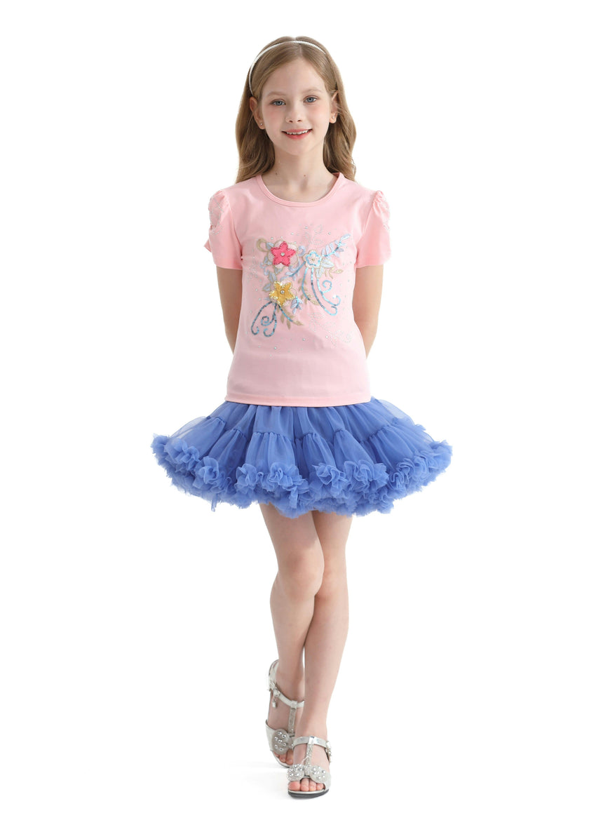 Pink Flowers Applique T-Shirt