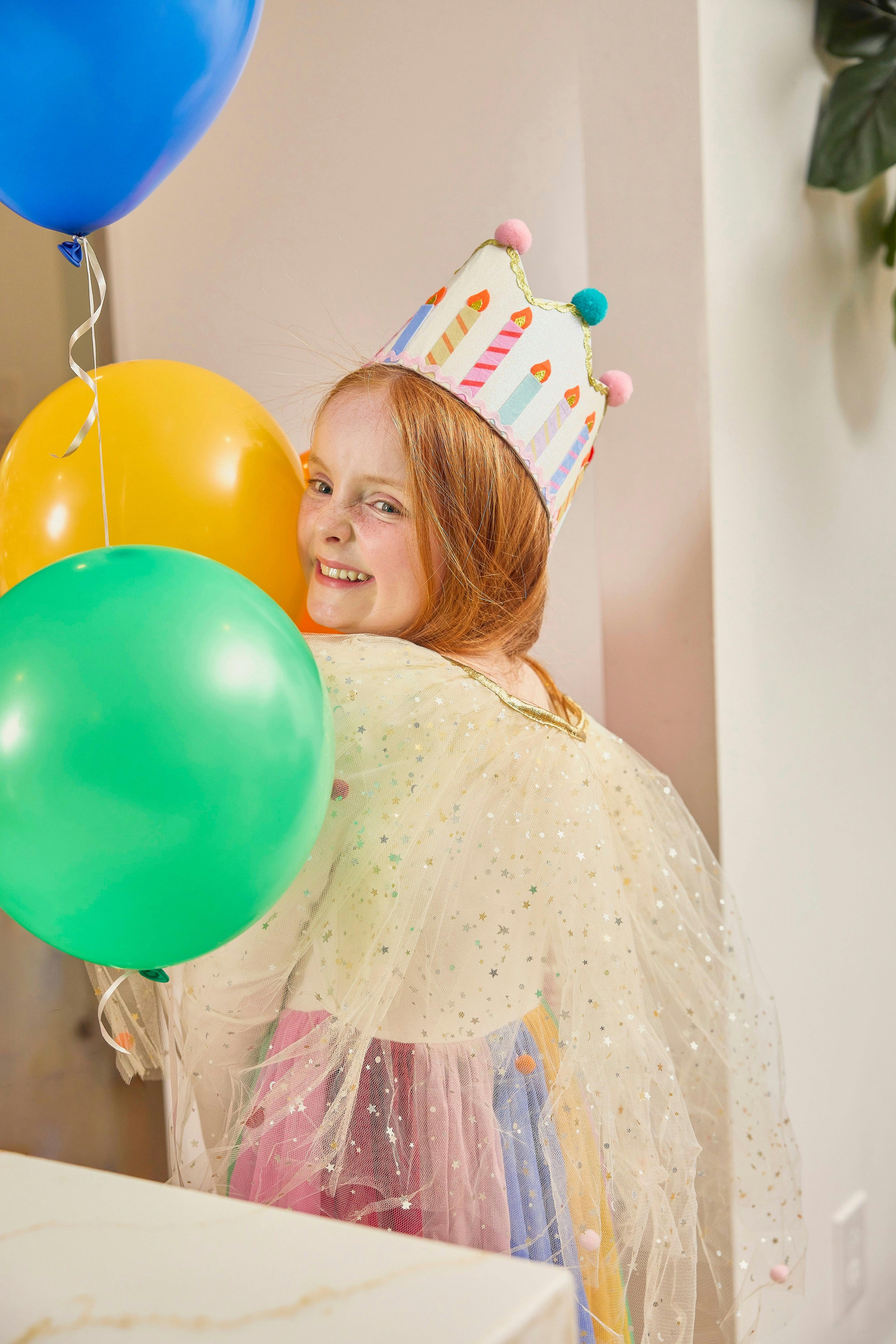 Tulle Celebrations Cape with Multicolor Pom Poms and Gold Glitter Stars