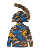 Two Piece Play Snowsuit Grey and Blue Dinosaur Print with Yellow Pants