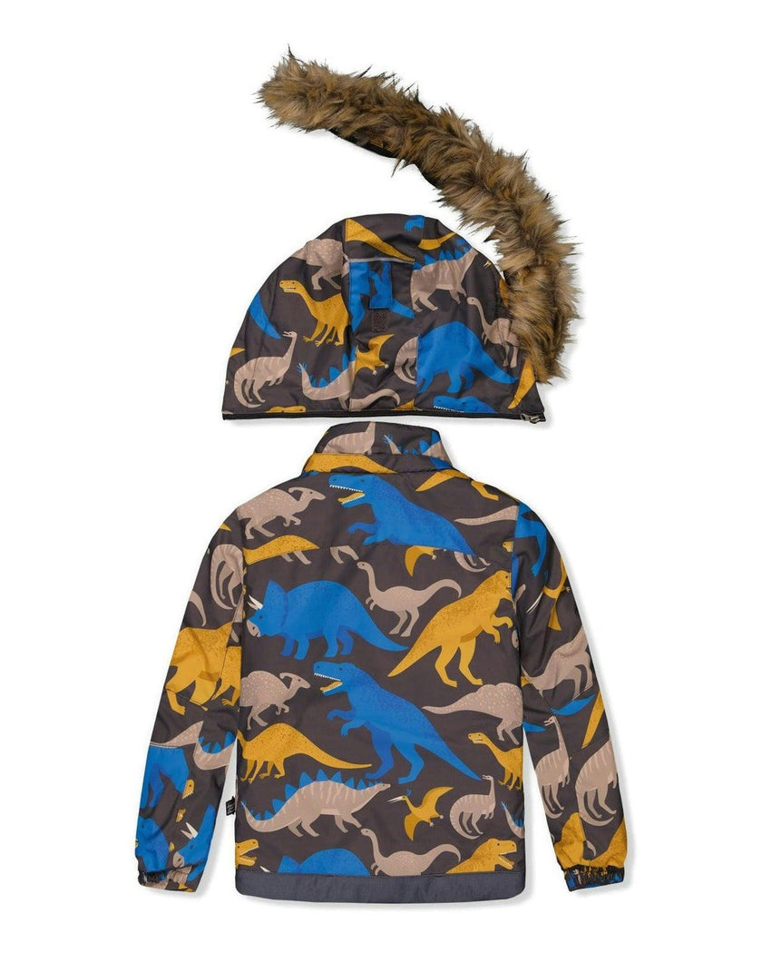 Two Piece Play Snowsuit Grey and Blue Dinosaur Print with Yellow Pants