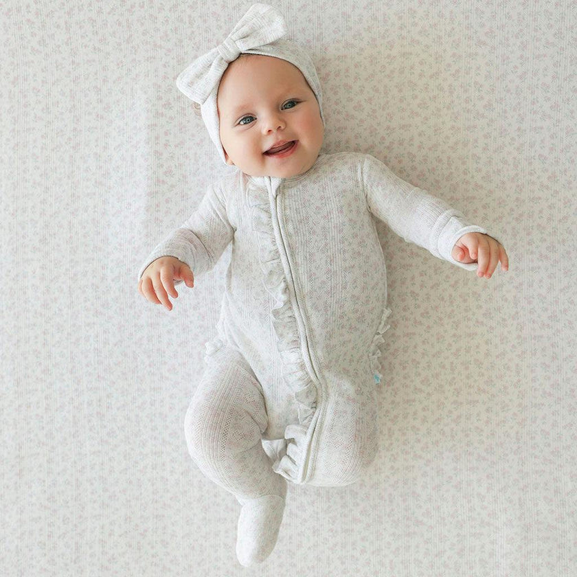 Andina Cream Pointelle Footie Ruffled Zippered One Piece