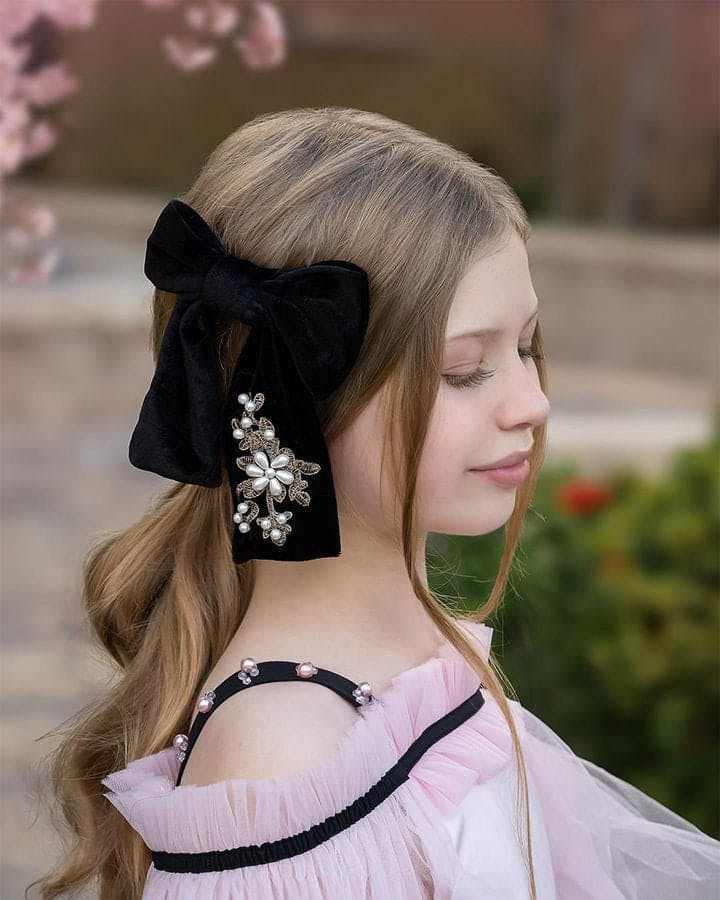 Embroidered Velvet Pearl Hair Bow