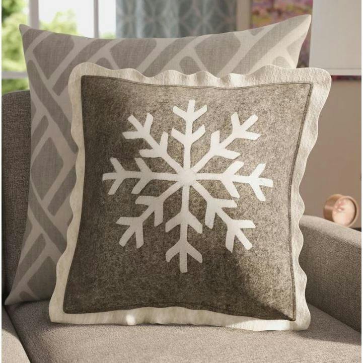 Handmade Christmas Pillow Hand Felted Wool - Big Snowflake Gray - 20"
