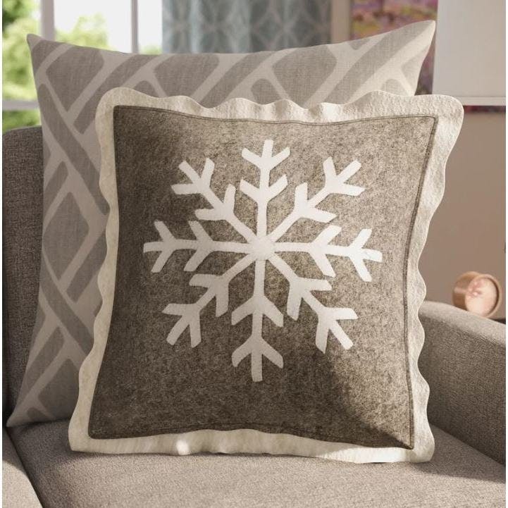 Handmade Christmas Pillow Hand Felted Wool - Big Snowflake Gray - 20