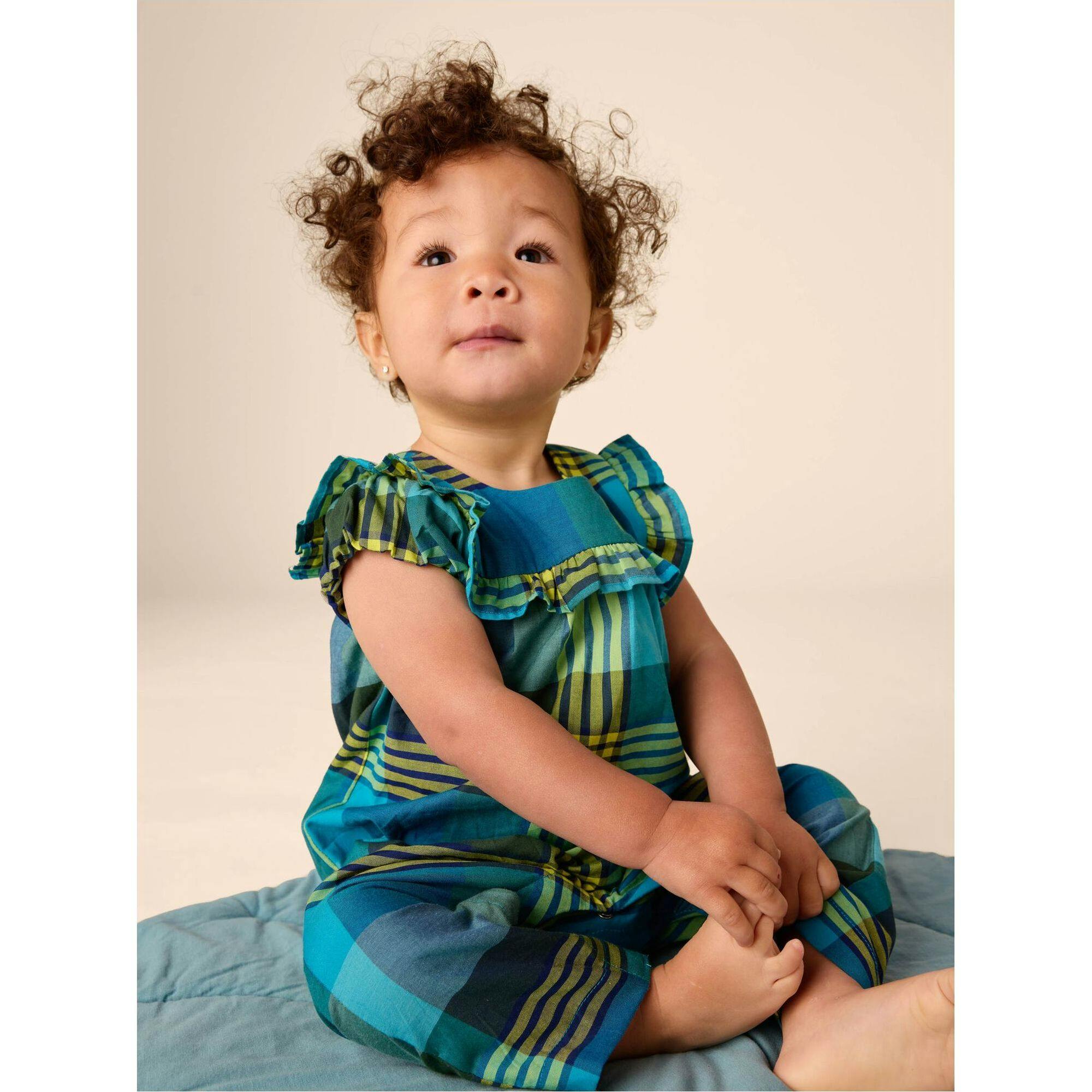 Woven Ruffle Baby Romper, Blue