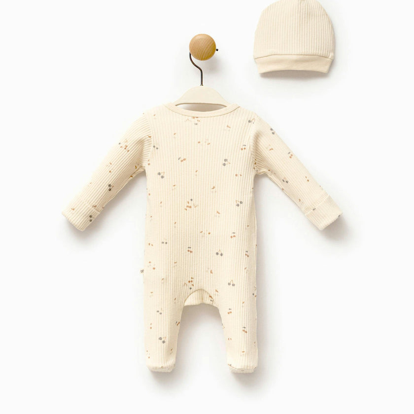 Cream Leaf Print Babygrow & Hat