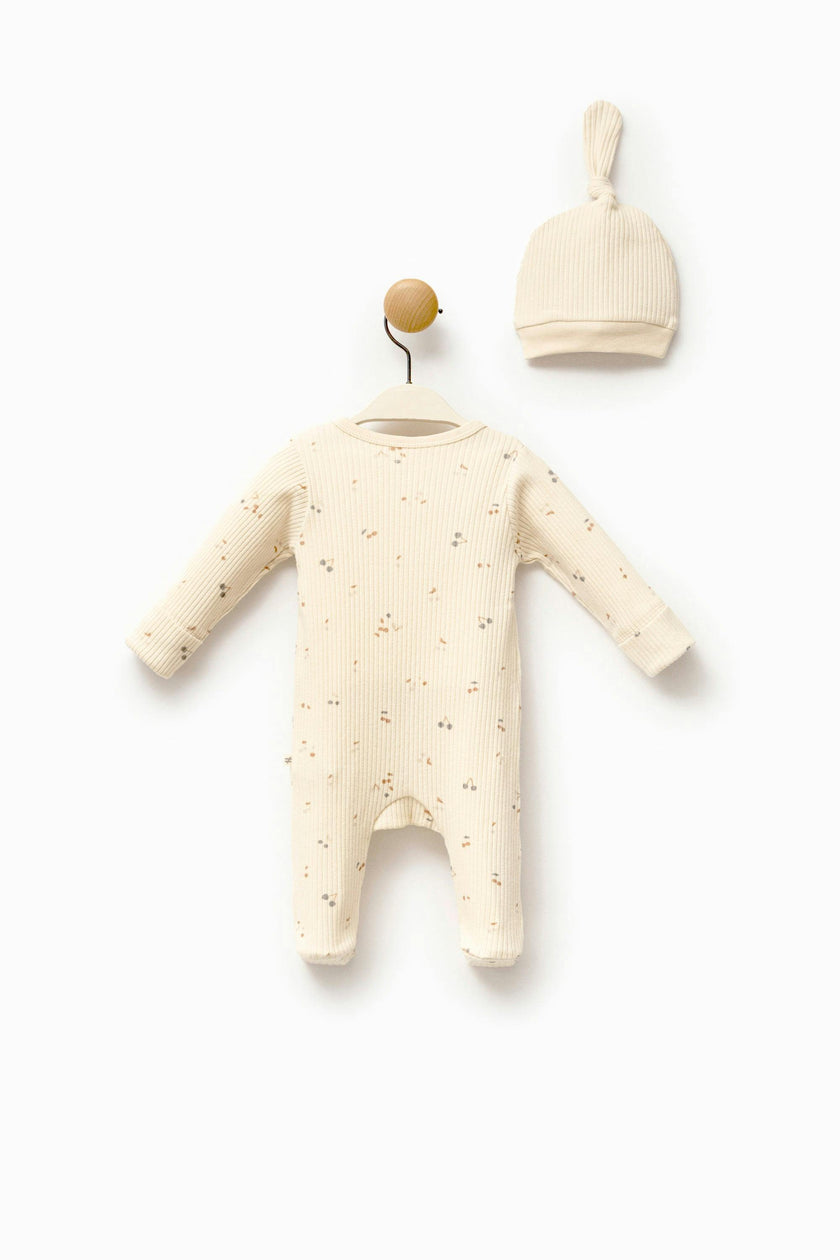 Cream Leaf Print Babygrow & Hat