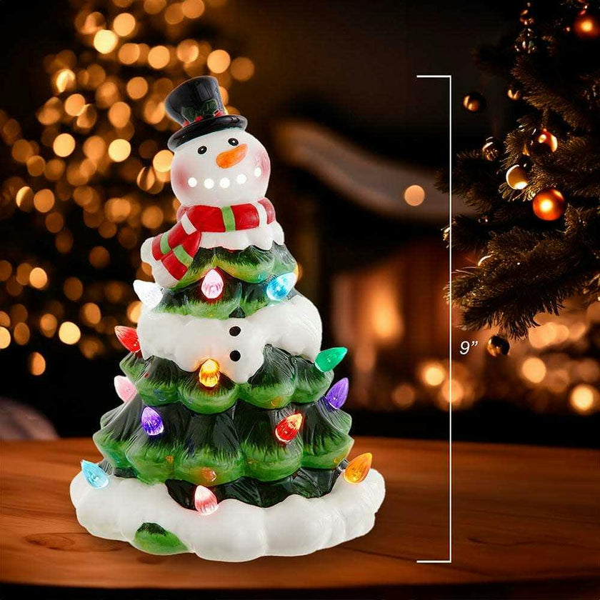 9-Inch Battery Operated Ceramic Light-Up Snowman Tree