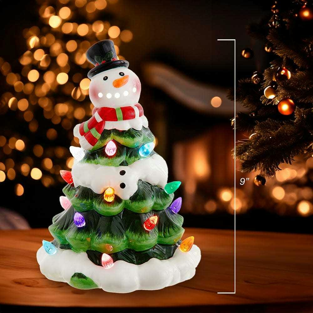 9-Inch Battery Operated Ceramic Light-Up Snowman Tree