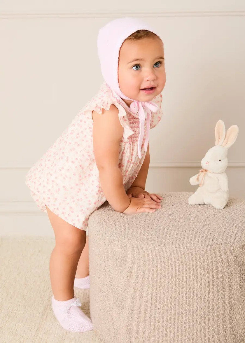 Martha Floral Hand Smocked Cap Sleeve Scallop Collar Dress in Pink (1-9mths)