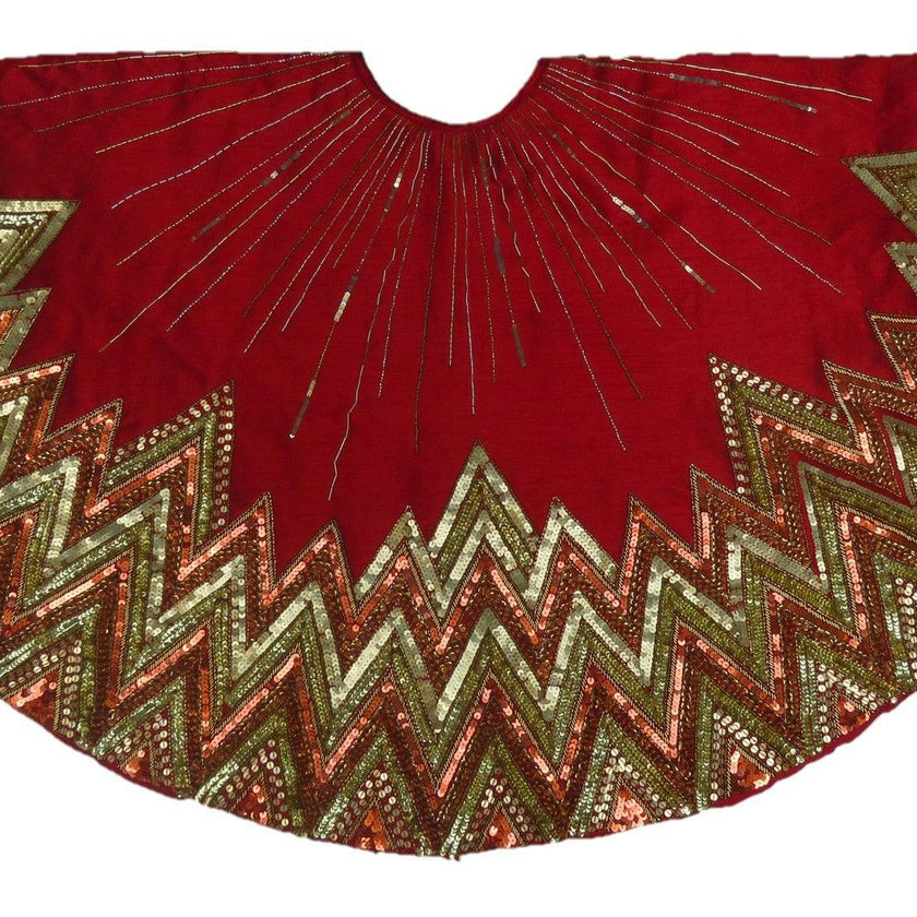Handmade Christmas Tree Skirt - Hand Beaded Metallic Starburst on Garnet Red- 60"