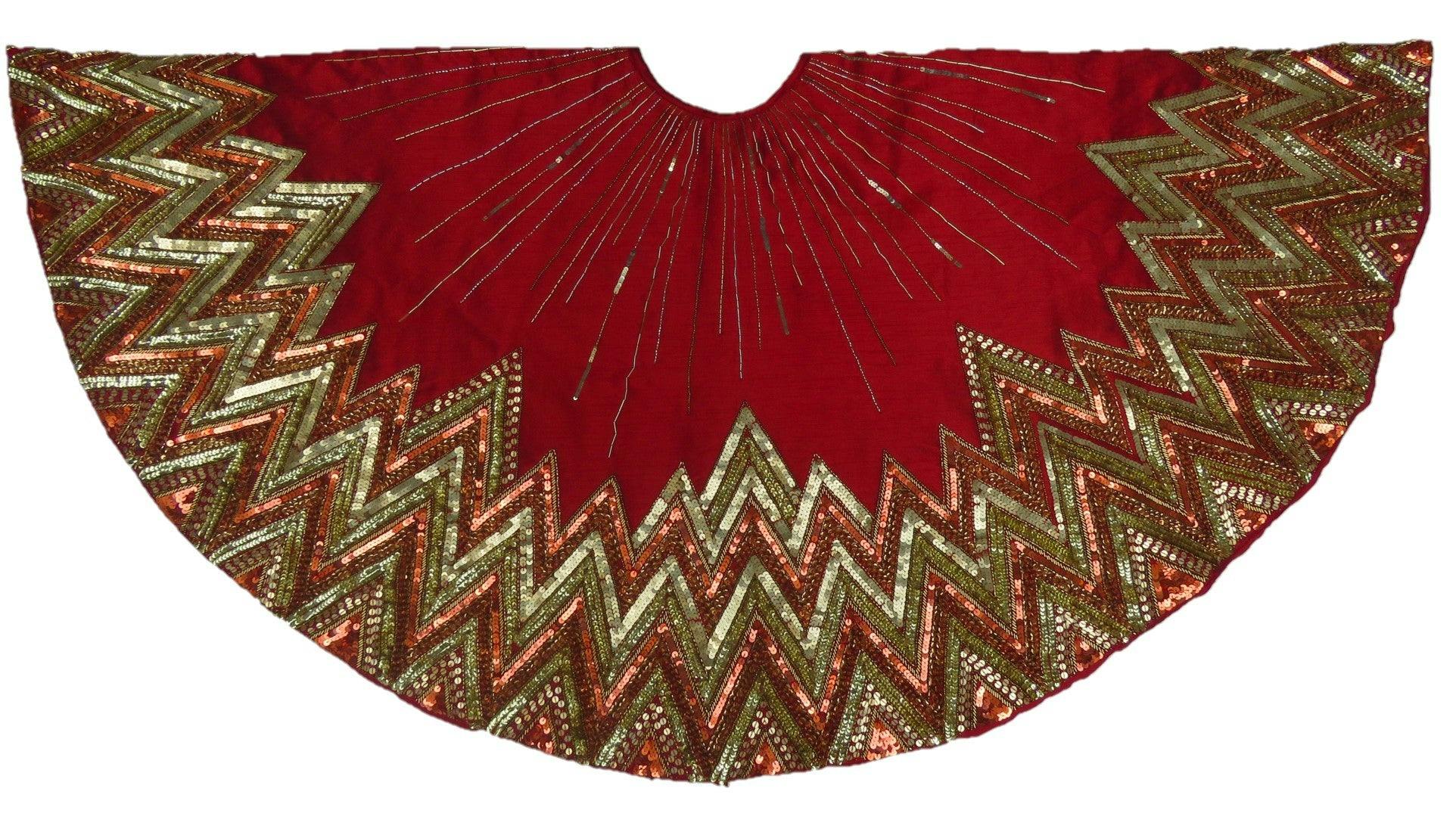 Handmade Christmas Tree Skirt - Hand Beaded Metallic Starburst on Garnet Red- 60
