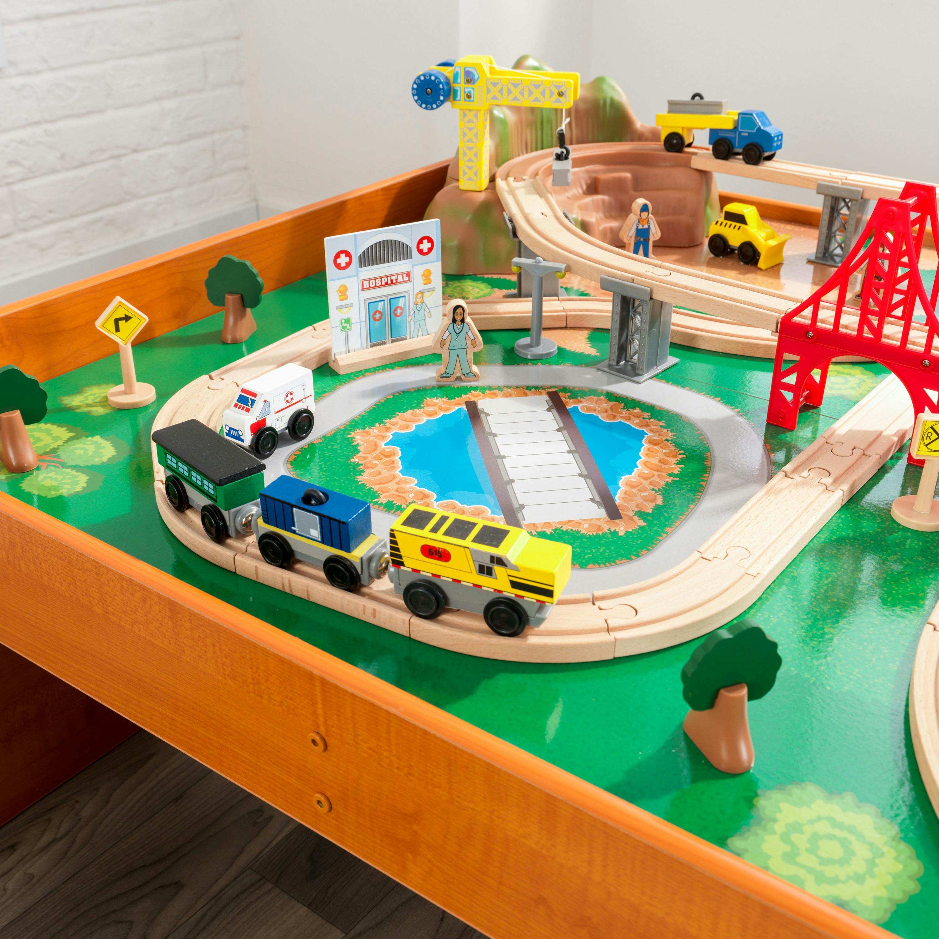 Ride Around Town Wooden Train Set and Table - Honey