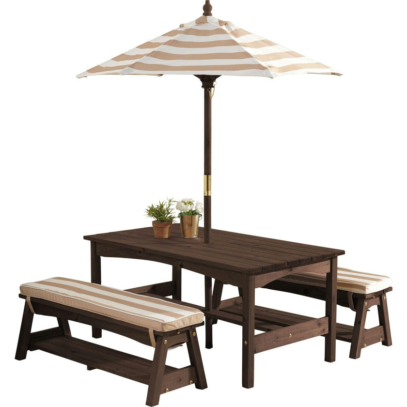 Outdoor Wooden Table & Bench with Cushions and Umbrella