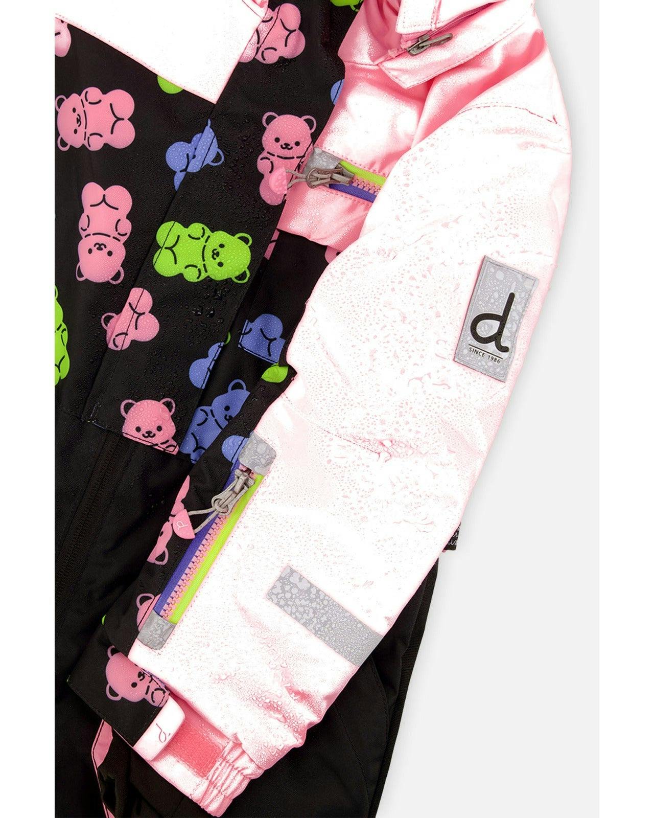 Kids One Piece Play Snowsuit Pink And Black Gummy Bear Print