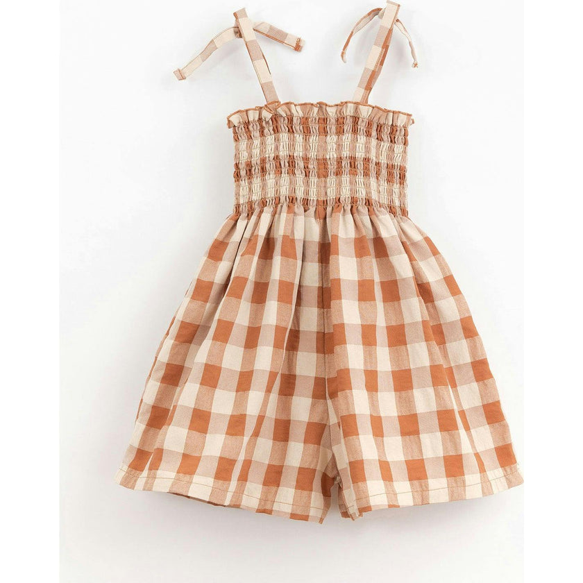 Tie Straps Cinched Bodice Checked Romper