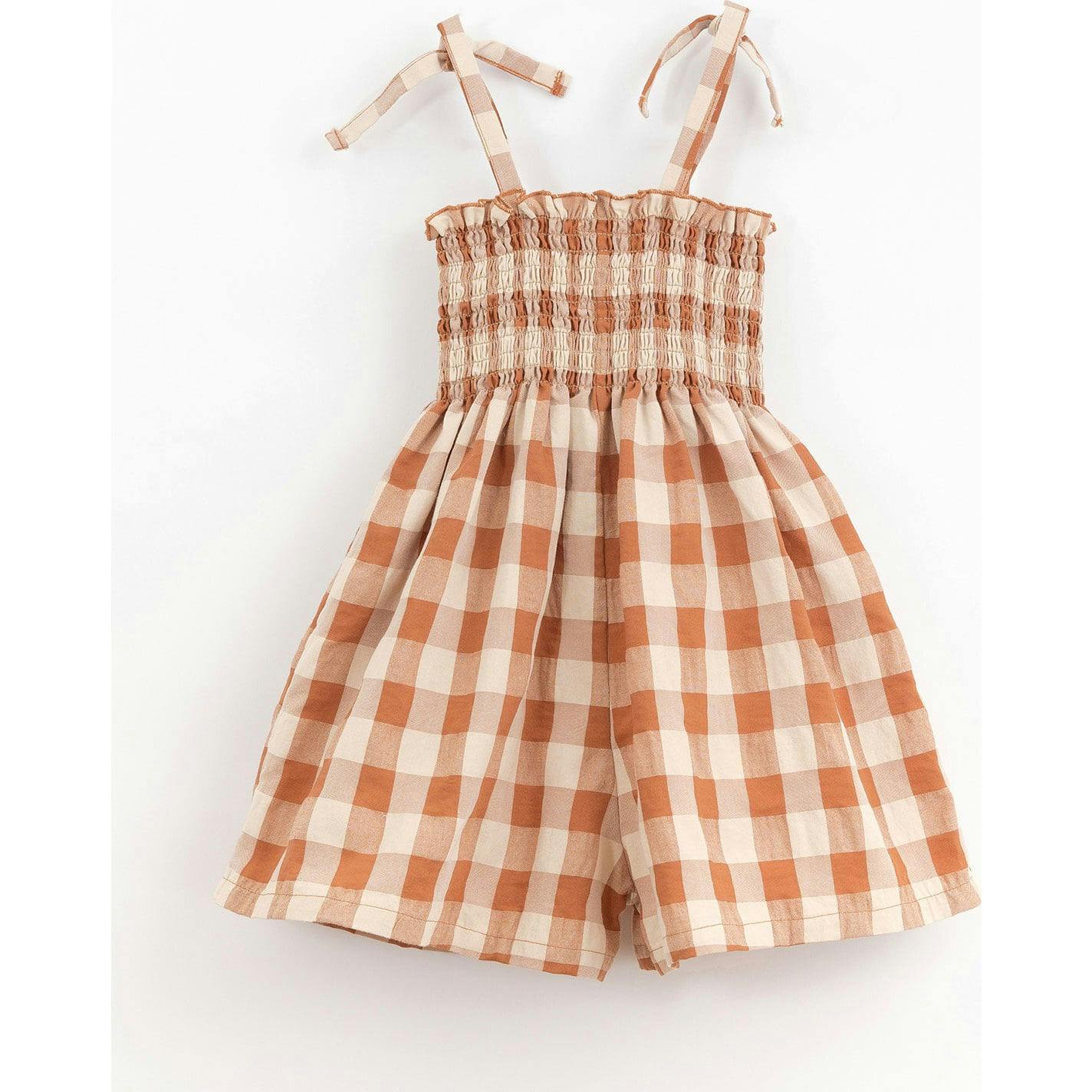 Tie Straps Cinched Bodice Checked Romper