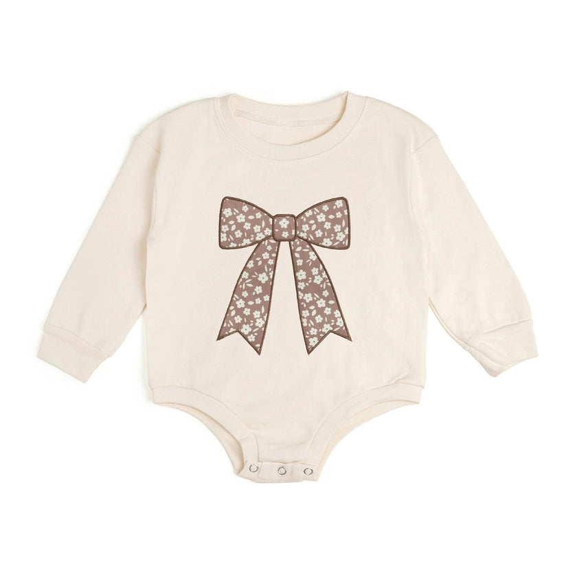 Mocha Floral Bow Patch Long Sleeve Romper
